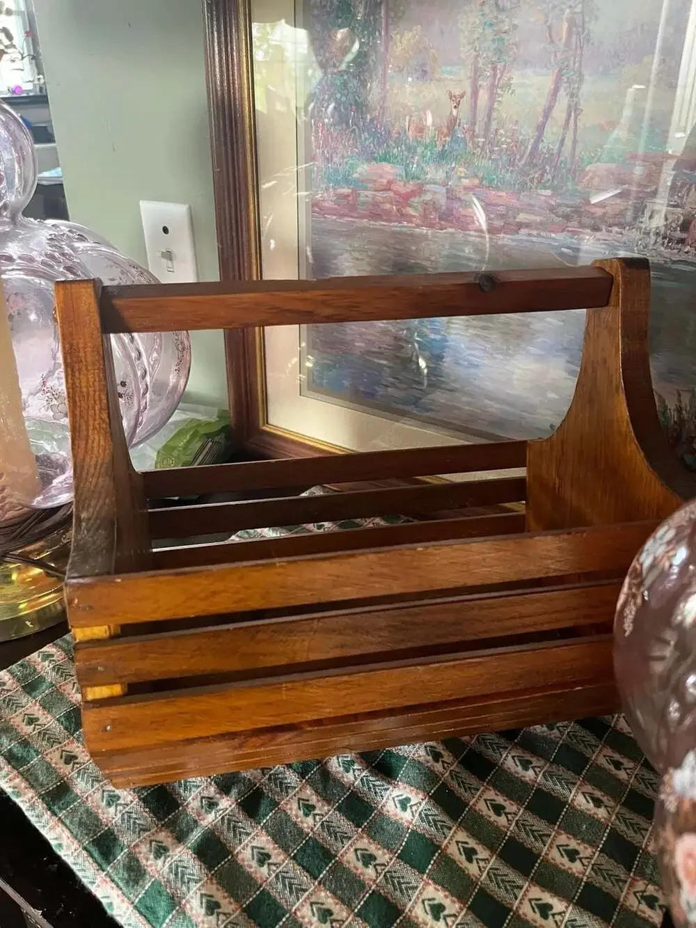 Vintage Handmade Wooden Slat Storage Basket Caddy with Handle